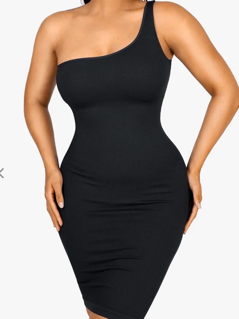 Sleek One-Shoulder Black Ribbed Bodycon Dress
